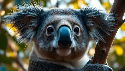 Naklejka premium Male Koala with Large Ears and Gentle Eyes in Eucalyptus Background