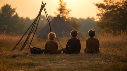 Boys watching sunset near rustic hut