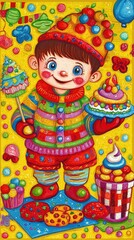 Fototapeta premium Joyful boy clown festive treats party background