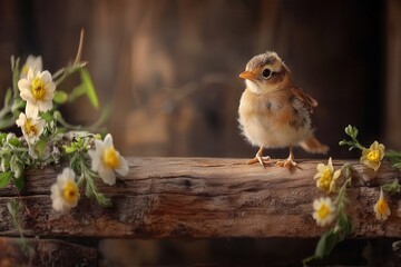 Fototapeta premium A small bird perches gracefully on a log adorned with colorful flowers, embodying the beauty of nature and tranquility in a serene environment.