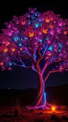 Enchanted Tree: A luminous tree glows with colorful lights in the night, radiating magical beauty and serenity.