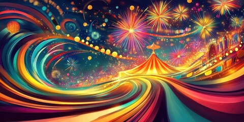 Festive illustration depicts carnival midway with fireworks and bright colors