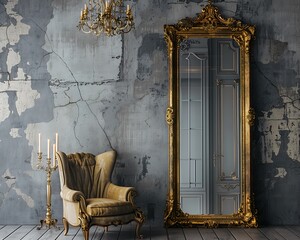 Vintage armchair and candelabra beside an old grey wall with a large golden framed mirror, creating a dark, atmospheric setting.