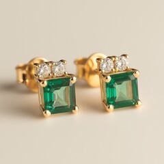Elegant gold emerald earrings with sparkling diamonds on neutral background