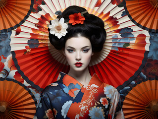 Geisha dressed in a kimono with decorative fans in the background. Traditional Japanese drawing motifs in the background.