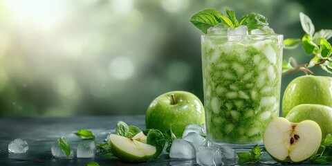 Refreshing green apple beverage garnished with mint leaves and ice in a natural setting