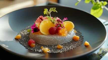 A contemporary artistic approach with honey-lemon chia pudding served on a mirrored plate, creating a striking reflection