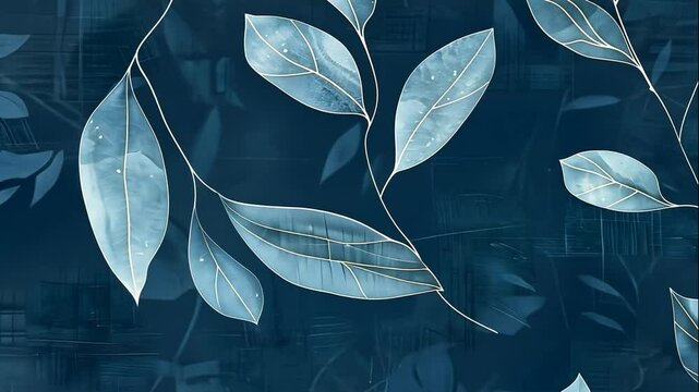 Silver And Blue Watercolor Leaf Pattern On Dark Background