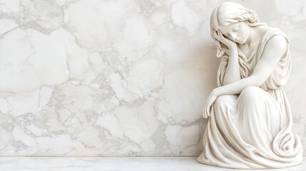 Naklejka premium Grieving woman statue in elegant marble artistic display indoor environment textured background emotional impact
