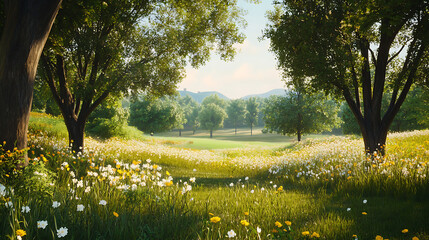 Obraz premium Flowering Meadow with Deciduous Trees and Distant Hills