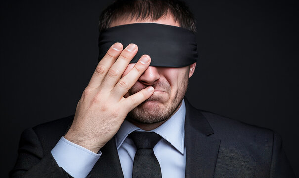 Thoughtful businessman with blindfold expressing emotions while covering eyes with hand in dark studio, showcasing themes of uncertainty and introspection