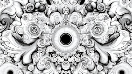 Hypnotic black and white geometric illusion with seamless spirals, high-contrast mesmerizing design, ultra-detailed