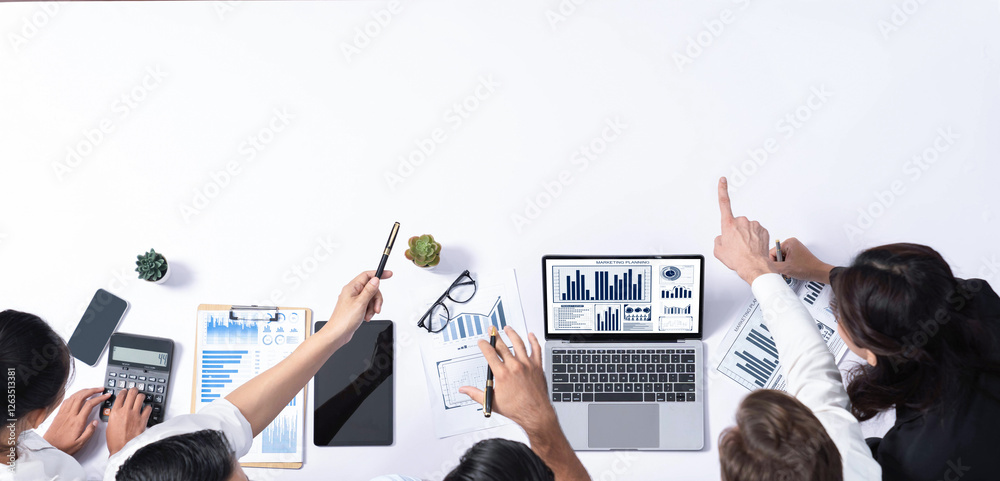 Poster panorama banner top view of office worker and businesspeople on meeting table pointing to empty spac