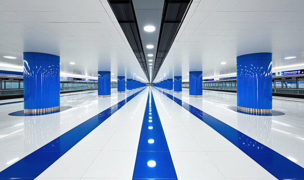 Modern subway station interior featuring shiny floors, blue support columns, and a clean, minimalistic design showcasing urban public transportation environment
