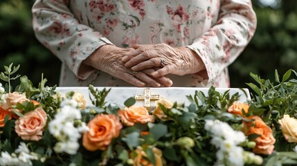 Emotional farewell elderly woman at funeral garden setting photography intimate atmosphere close-up view remembrance