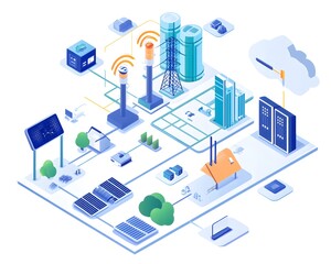 Obraz premium A detailed illustration of a smart city infrastructure, featuring renewable energy sources, communication towers, and urban planning elements.