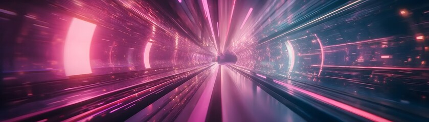 Fototapeta premium A futuristic tunnel with vibrant pink and blue lights, creating a surreal ambiance. Perfect for illustrating concepts of innovation and speed.
