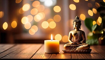 Tranquil Buddha and glowing candle, mindfulness