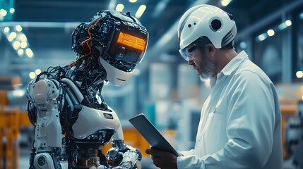 An innovative robotic assembly line featuring a humanoid robot interacting with a technician, highlighting advancements in automation and artificial intelligence.