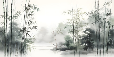 Obraz premium The subject of the painting is water wetlands with a bamboo grove on the bank of a watercourse. Japan traditional sumi-e painting sumi-e, u-sin, go-hua.