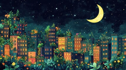 Cityscape at night showing buildings overgrown with vibrant plants