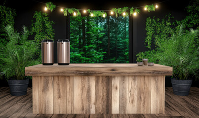 Naklejka premium Cozy wooden bar with modern design, surrounded by lush greenery and a serene forest view, perfect for rustic-themed spaces and relaxation environments.