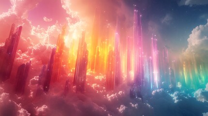 Fototapeta premium Ethereal Cityscape with Colorful Towers Amidst Dreamy Clouds