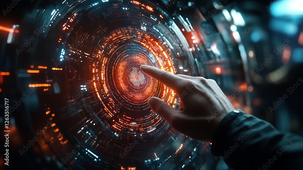 Poster hand interacting with futuristic circular interface displaying a fingerprint scan.