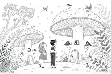 Coloring page for children: boys and a girl in a fairy forest near a huge mushroom that represents a house