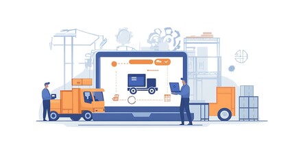 Online delivery tracking system with workers loading packages onto a truck for shipping.