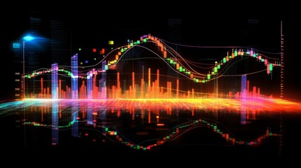 Fototapeta premium Stock market changes, business candlesticks graphs with numbers. Glowing hologram with bar chart and lines. Concept of forex, online trading. 3D rendering