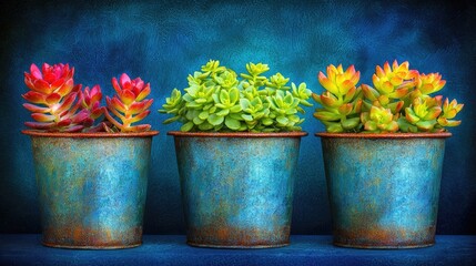 Colorful succulents in rustic pots, dark background, home decor