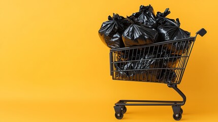 Overflowing shopping cart of black bags in urban supermarket - bright yellow background & waste management