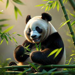 Obraz premium A charming close-up of a panda enjoying a meal of bamboo in a vibrant, lush bamboo forest.