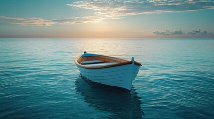 Naklejka premium Serene Wooden Boat Floating on Calm Ocean Water During Sunset
