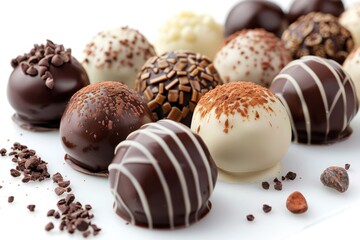 Fototapeta premium Collection of chocolate candies with decorative toppings on a white background, with full depth of field, focusing on the intricate details