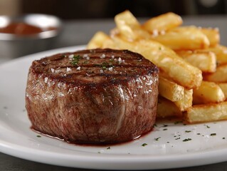 Juicy Grilled Steak with Crispy Fries on White Plate