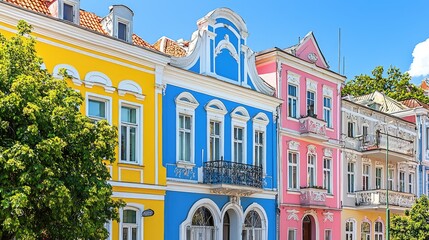 Obraz premium Colorful historic houses, sunny street, green trees, travel destination