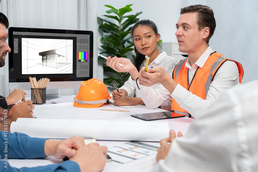 Aufkleber diverse group of civil engineer and client working together on architectural project, reviewing cons