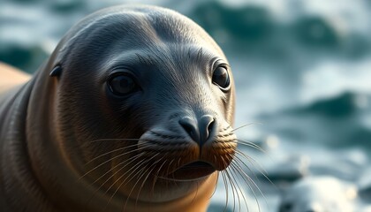 Fototapeta premium Female Seals Intense Gaze with Glistening Fur, Set Against Ocean Blur