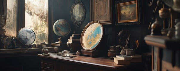 Vintage study with globes, maps, and ornate decorations.