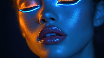 Close-Up of Glamorous Female Face with Neon Makeup and Glossy Lips