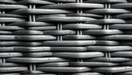 Wicker texture background in a monochromatic scheme of grey tones with high contrast between the lighter and darker areas of the weave