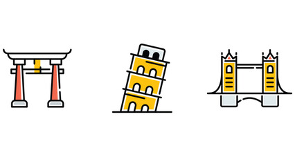 A collection of famous landmark buildings from around the world, showcasing iconic architectural styles from different cultures and historical periods, set together in a unified composition