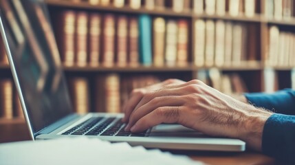 Focused Hands Typing on Laptop Keyboard Amongst Blurred Bookshelves, Cozy Study Session