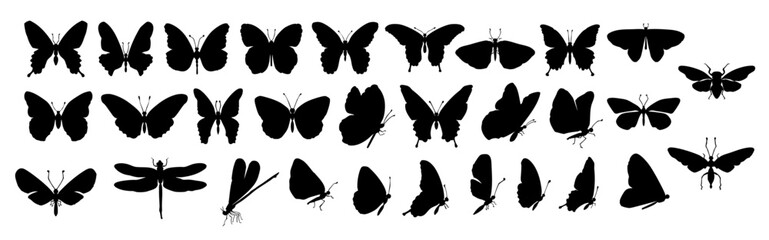 Black butterflies silhouette vector set, Design element for print, icon, Flying butterfly silhouettes in various poses for nature or decoration, 