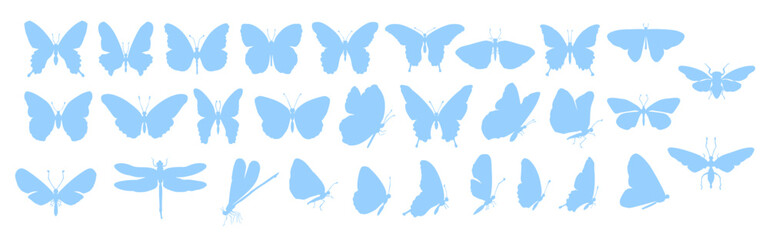 Black butterflies silhouette vector set, Design element for print, icon, Flying butterfly silhouettes in various poses for nature or decoration, 