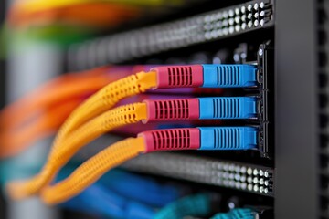Technology for cable coating. Colorful network cables connected to a server rack in a data center.