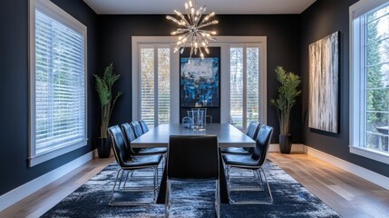 Fototapeta premium Long black dining room table with black and wooden chairs standing in a black room. 3d rendering mock up