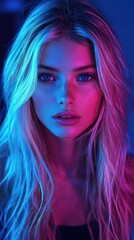Fototapeta premium Dramatic Portrait of a Young Woman with Vibrant Neon Lighting